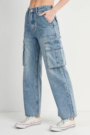HIGH RISE WIDE BAGGY CARGO JEANS: DK.WASH / M
