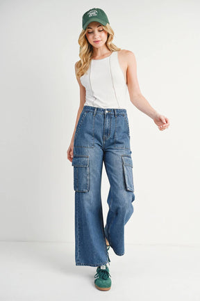 HIGH RISE WIDE BAGGY CARGO JEANS: DK.WASH / M