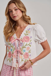 FLORAL EMBROIDERED TIE FRONT SHORT SLEEVE TEXTURED WOVEN TOP