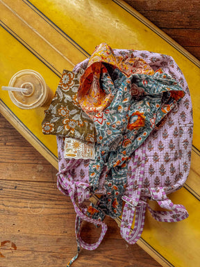 Cotton Block Print Boho Backpack, Handmade Purple School Bag