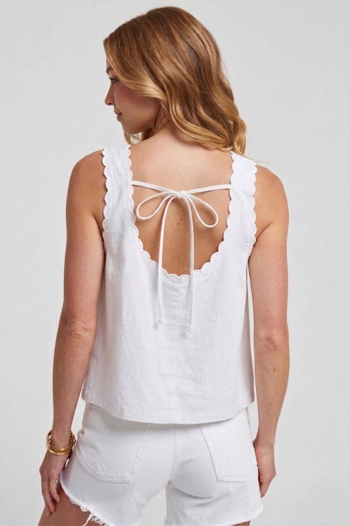 White GAME DAY COLOR DENIM SLEEVELESS TOP WITH SCALLOPED EDGE
