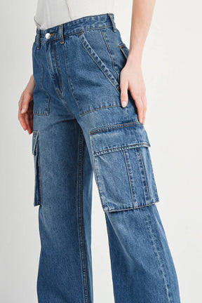 HIGH RISE WIDE BAGGY CARGO JEANS: DK.WASH / M