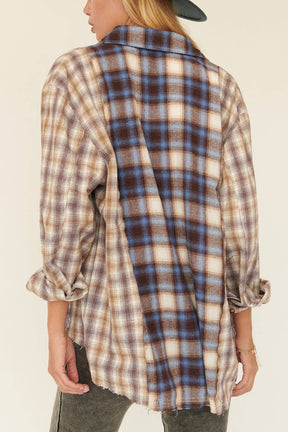 Woven Contrast Plaid Front Pocket Button Shirt: CREAM-BROWN / M