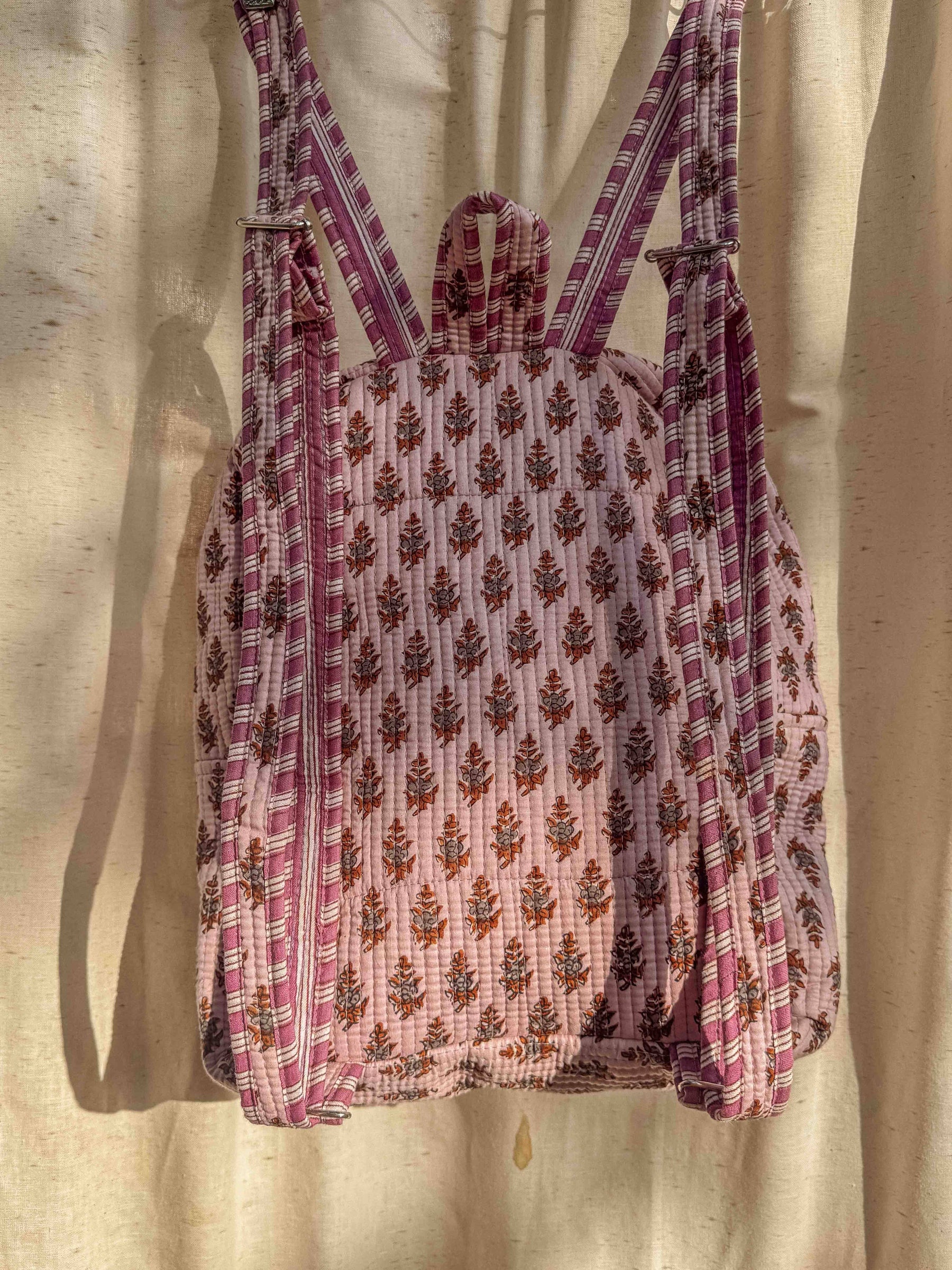 Cotton Block Print Boho Backpack, Handmade Purple School Bag