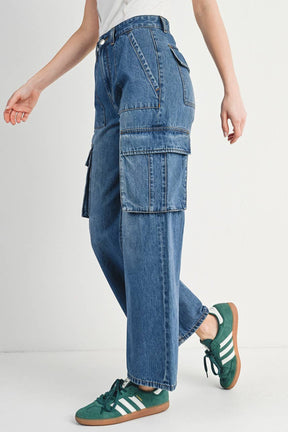 HIGH RISE WIDE BAGGY CARGO JEANS: DK.WASH / M