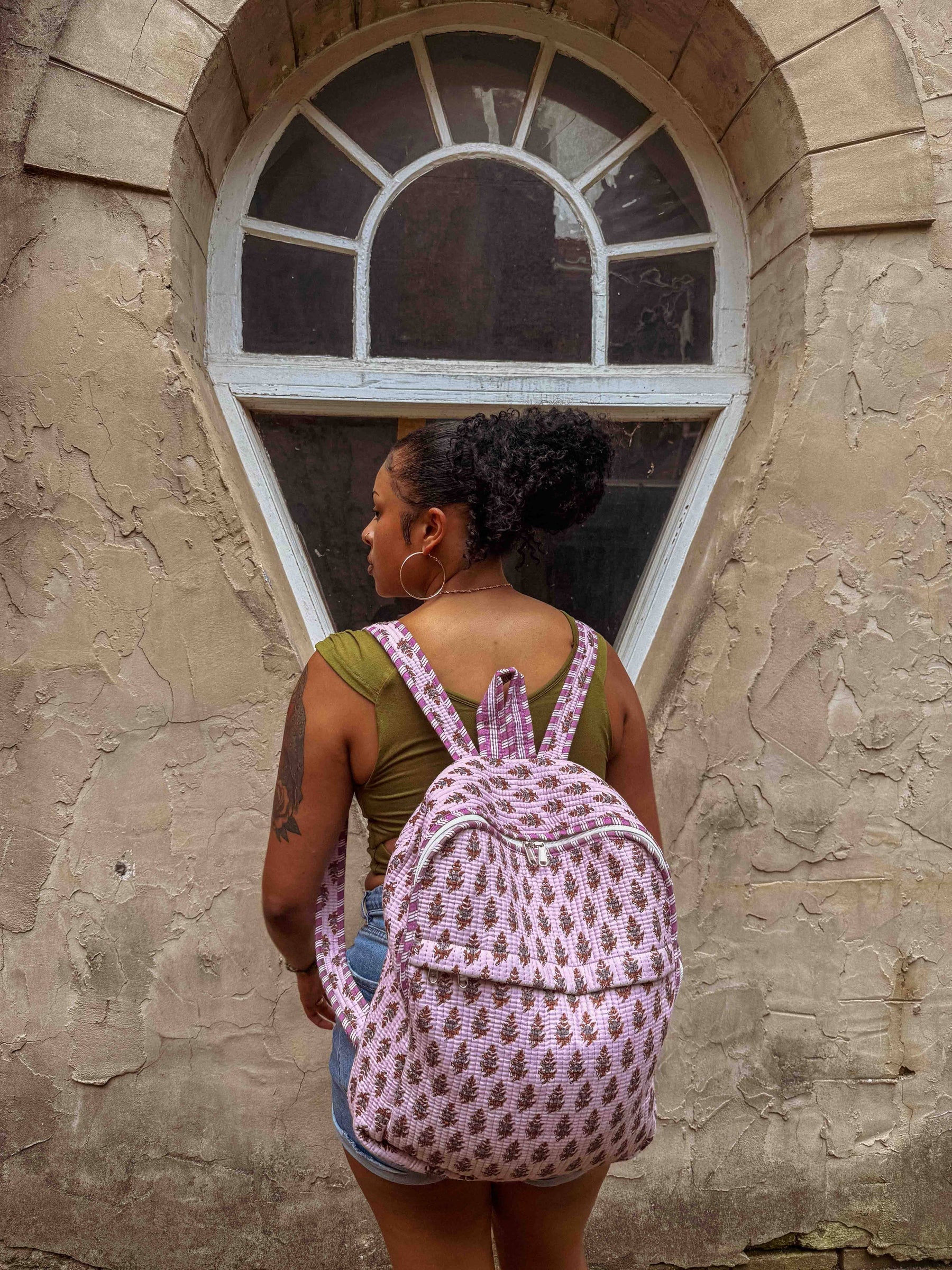 Cotton Block Print Boho Backpack, Handmade Purple School Bag