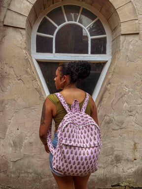 Cotton Block Print Boho Backpack, Handmade Purple School Bag