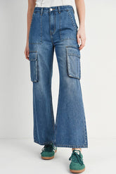 HIGH RISE WIDE BAGGY CARGO JEANS: DK.WASH / M