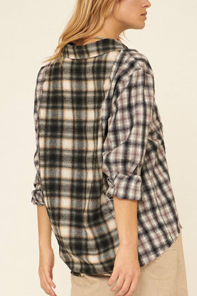 Woven Contrast Plaid Front Pocket Button Shirt: CREAM-BROWN / M