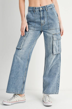 HIGH RISE WIDE BAGGY CARGO JEANS: DK.WASH / M