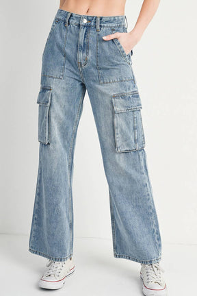 HIGH RISE WIDE BAGGY CARGO JEANS: DK.WASH / M
