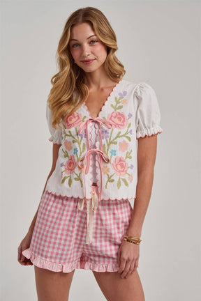 FLORAL EMBROIDERED TIE FRONT SHORT SLEEVE TEXTURED WOVEN TOP
