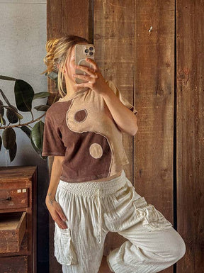 Yin Yang Brown Patchwork Tee | 100% Cotton