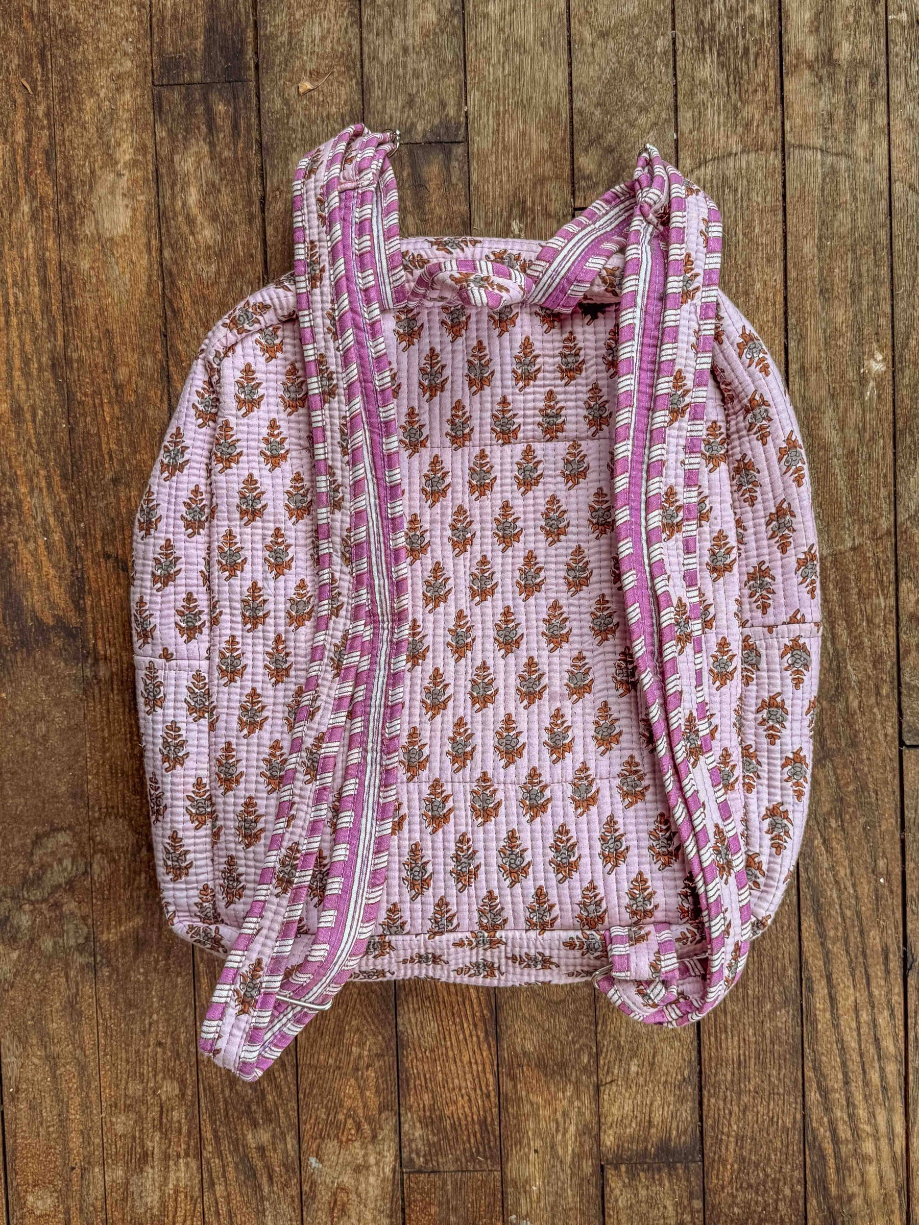 Cotton Block Print Boho Backpack, Handmade Purple School Bag