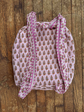 Cotton Block Print Boho Backpack, Handmade Purple School Bag