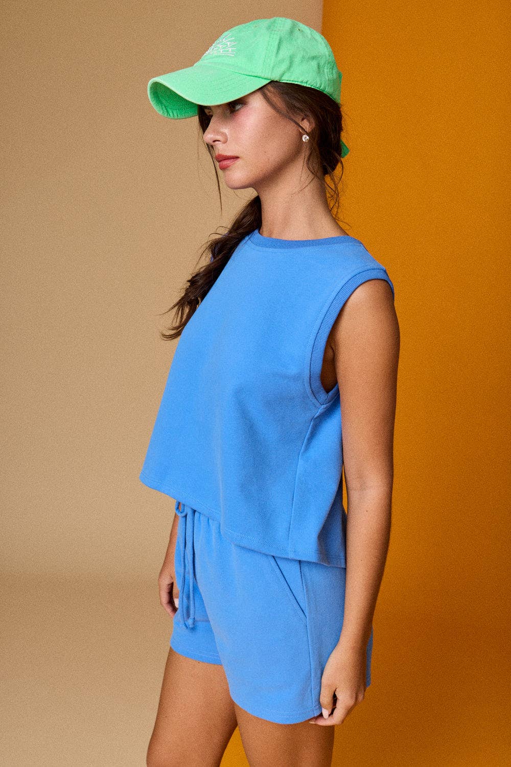 Blue Split Back French Terry Shorts Set