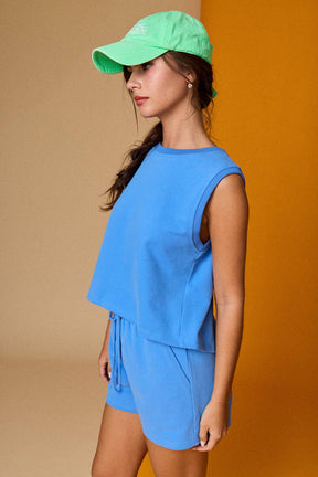 Blue Split Back French Terry Shorts Set