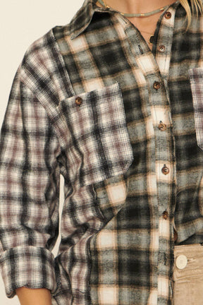 Woven Contrast Plaid Front Pocket Button Shirt: CREAM-BROWN / M