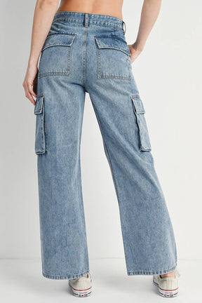 HIGH RISE WIDE BAGGY CARGO JEANS: DK.WASH / M