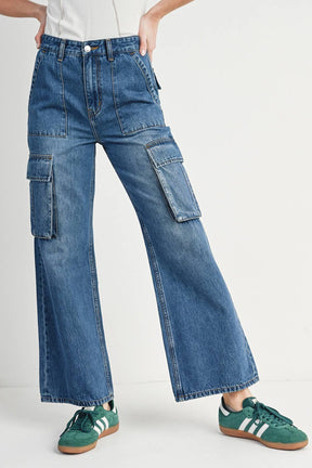 HIGH RISE WIDE BAGGY CARGO JEANS: DK.WASH / M