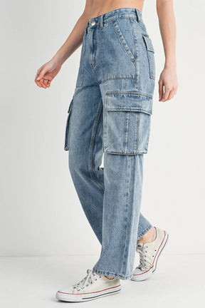 HIGH RISE WIDE BAGGY CARGO JEANS: DK.WASH / M