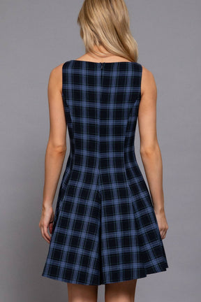 Sleeveless Boat Neck Swing Plaid Woven Mini Dress