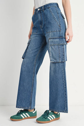 HIGH RISE WIDE BAGGY CARGO JEANS: DK.WASH / M