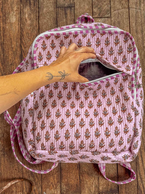Cotton Block Print Boho Backpack, Handmade Purple School Bag