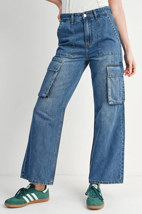 HIGH RISE WIDE BAGGY CARGO JEANS: DK.WASH / M