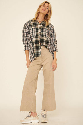 Woven Contrast Plaid Front Pocket Button Shirt: CREAM-BROWN / M