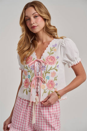 FLORAL EMBROIDERED TIE FRONT SHORT SLEEVE TEXTURED WOVEN TOP