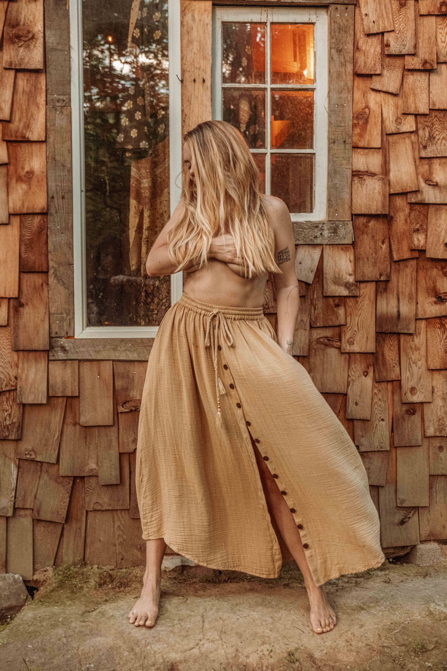 Beachy Boho Bamboo Cotton Button Skirt, Bohemian Maxi Skirt