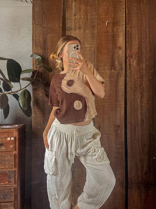 Yin Yang Brown Patchwork Tee | 100% Cotton