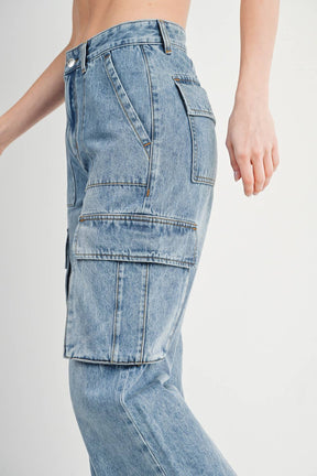 HIGH RISE WIDE BAGGY CARGO JEANS: DK.WASH / M