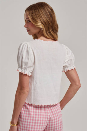 FLORAL EMBROIDERED TIE FRONT SHORT SLEEVE TEXTURED WOVEN TOP