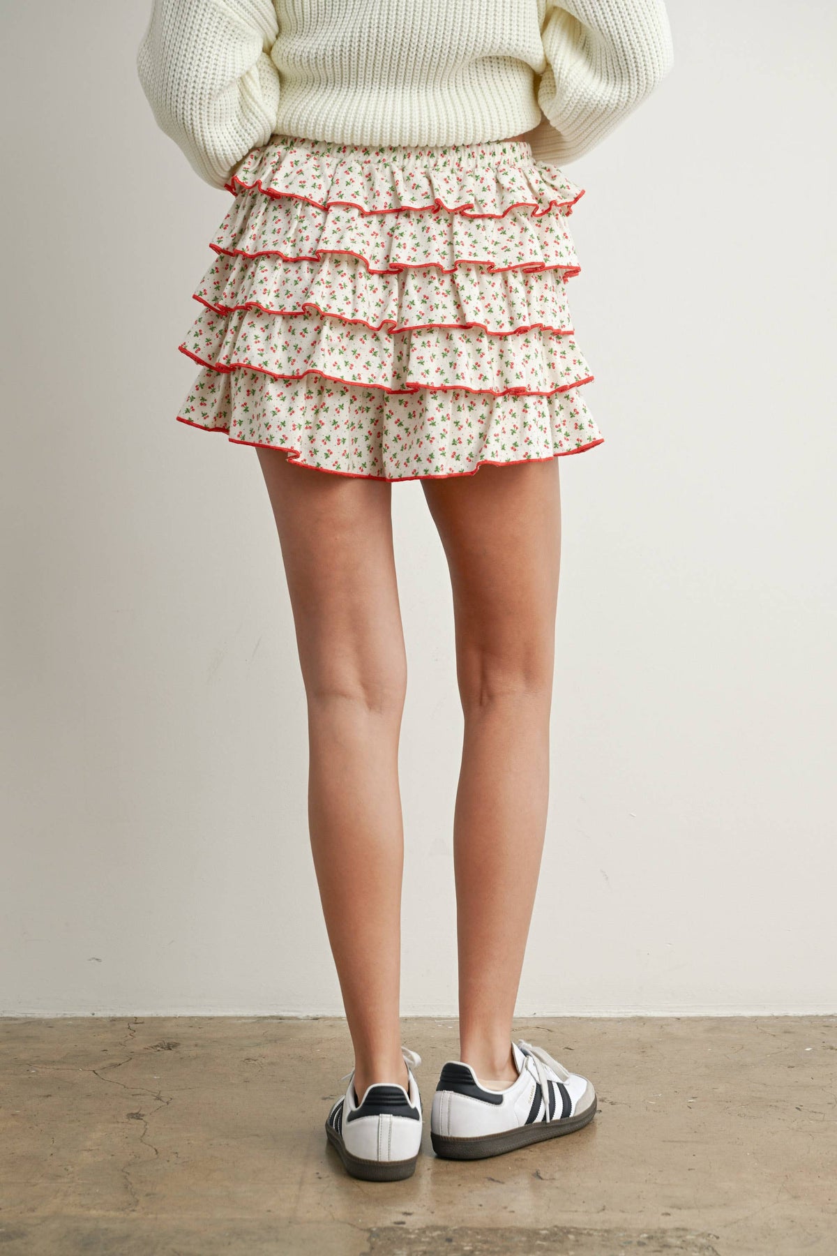 Cherry Print Layered Ruffled Tie-Front Mini Skort