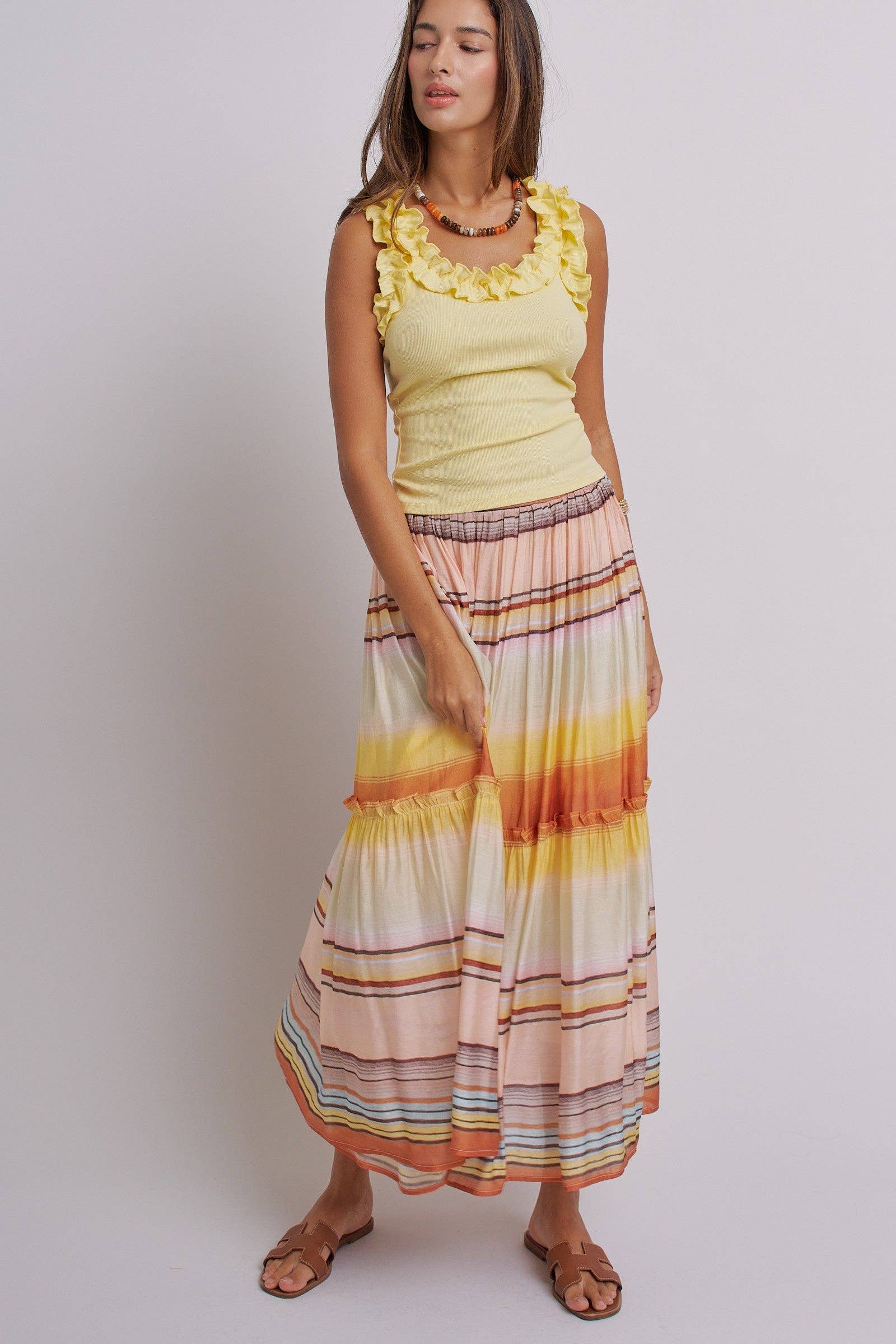 Sunset Stripe Tiered Maxi Skirt Boho Viscose Ruffled