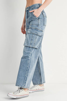 HIGH RISE WIDE BAGGY CARGO JEANS: DK.WASH / M
