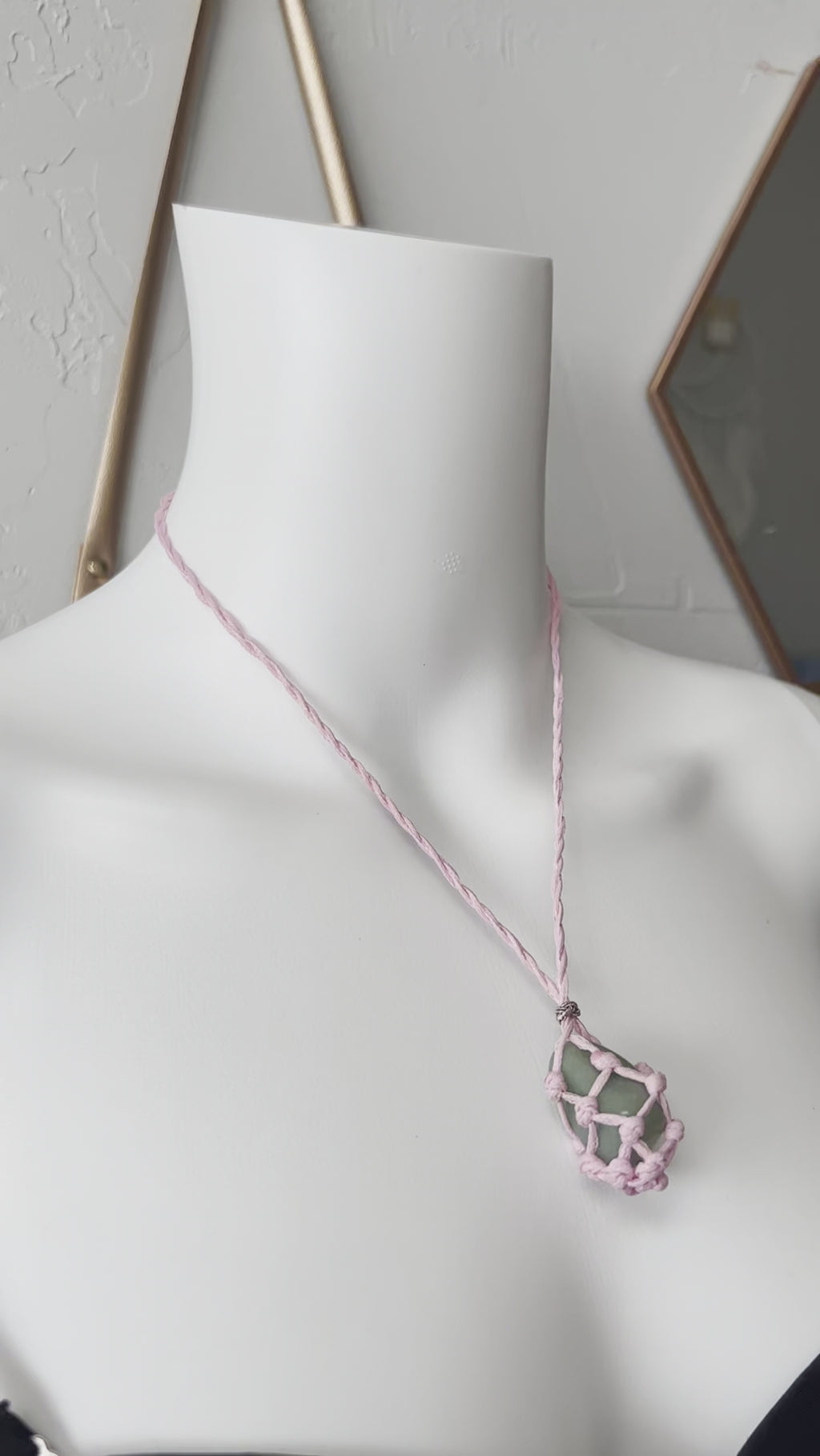  Pink Macrame Crystal Pouch Necklace